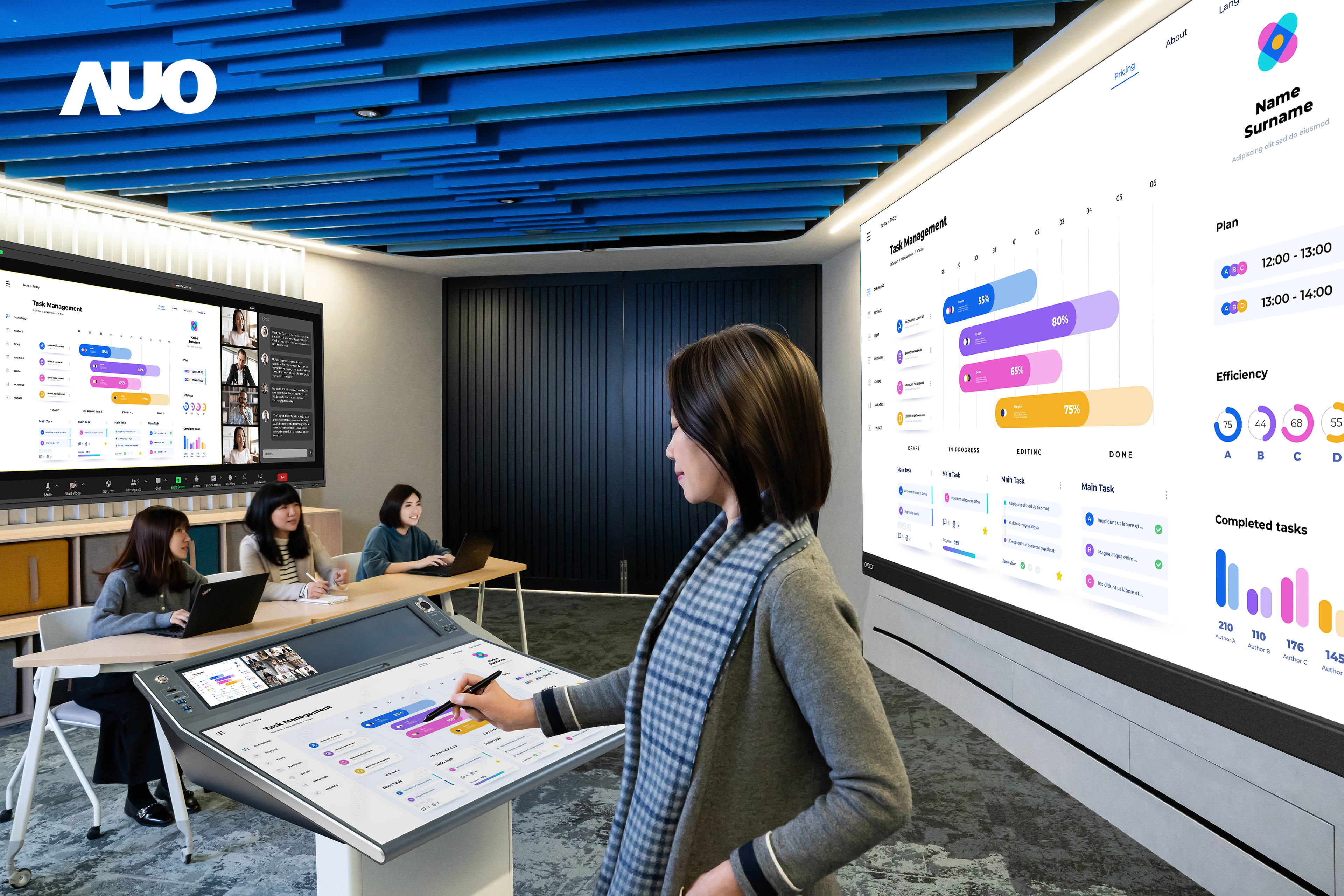 達擎攜手Avocor與Rise Vision展示全方位商務領域應用，包含採用模組化設計的138吋一體式All-in-One LED顯示器及具21:9超寬比例的92吋互動式電子白板（IFPD），講者可輕鬆分享內容，有效提升會議協作效率。